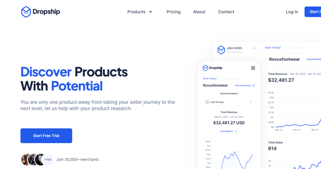 "Curated selection of winning products with data charts and store monitoring interface, illustrating dropshipping success and e-commerce strategy."