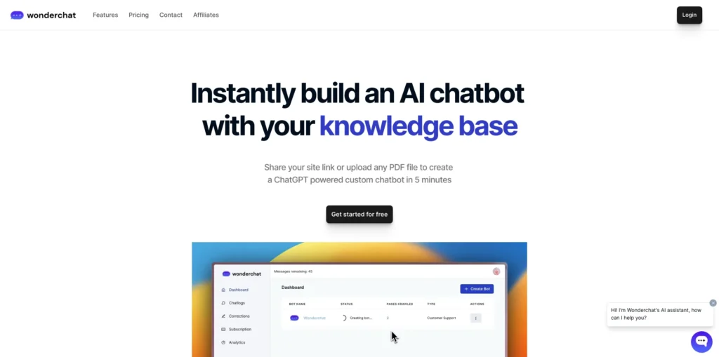 "WonderChat AI chatbot interface integrated on a website, depicting real-time interaction for enhanced customer support."