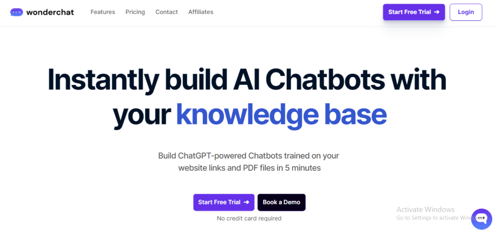 "WonderChat AI chatbot interface integrated on a website, depicting real-time interaction for enhanced customer support."